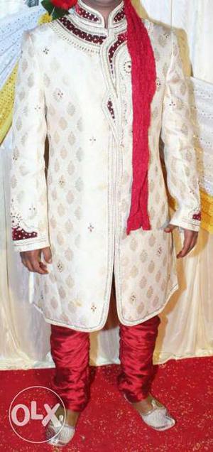 Branded peshwai's groom sherwani golden maroon