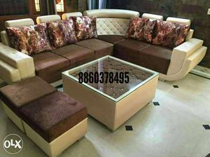 Brown And White Cushioned Couch Set