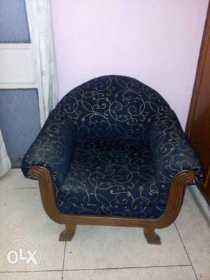 Brown Wooden Frame BlacK Fabric Floral Padded Armchair