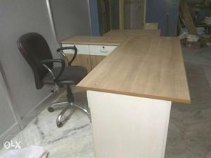 Brown Wooden L-shape Office Desk With Chair