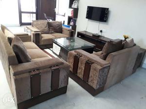 Brown-and-black Suede Sofa Set With Coffee Table