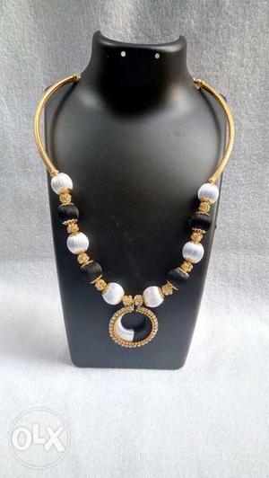 Gold, White And Black Beaded Necklace