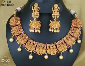 Gold White Pearl Collar Necklace And Jhumka
