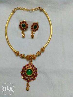 Gold With Red And Green Gemstone Necklace And Earrings Set