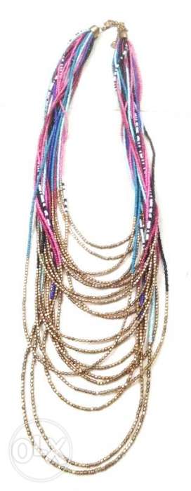 Golden, Pink, And Blue Layered Necklace
