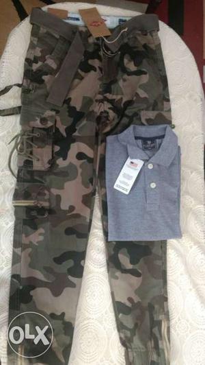 Grey Polo Shirt And Green And Brown Camouflage Pants