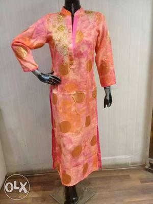 Orange And Pink Floral Long-sleeved Traditional Dress