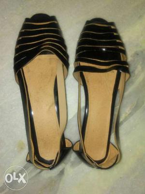 Pair Of Black-and-beige Peep Toe Sandals