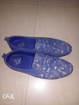 Pair Of Blue-and-grey Graphic Print Slip-on Shoes