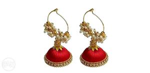 Pair Of Red-and-gold Silk Thread Jhumka Earrings