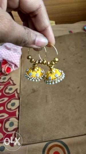Pair Of Yellow-and-silver Silk Thread Jhumkas