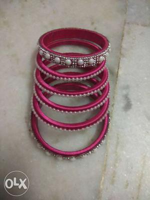 Pearl Embellished Pink Silk Thread Bangles
