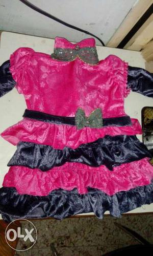 Pink And Black Satin Long Sleeve Dress