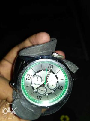 RoundSilver Timex Chronograph Watch With Black Leather Strap