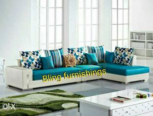 Teal And White Sectional Sofa With Throw Pillows