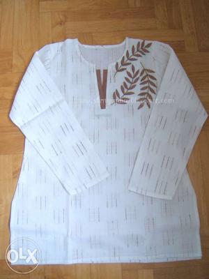 White Long Sleeved Shirt With Brown Leaves Print