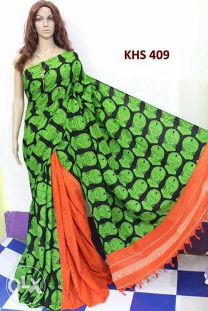 Women's Green And Black Sari
