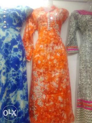 Women's Orange And White Floral Long Sleeve Dress