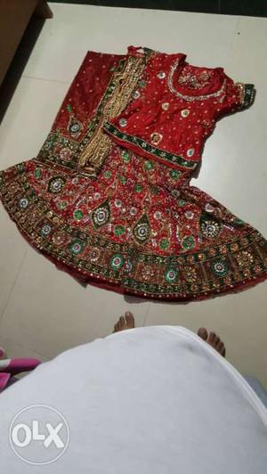 Women's Red, Green, White And Brown Traditional Dress