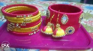 Yellow And Red Jhumkas And Bangle Bracelets
