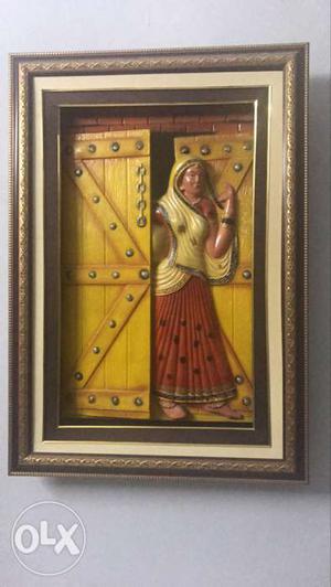 Rectangular Brown Wooden Framed With Woman Wearing Beige And