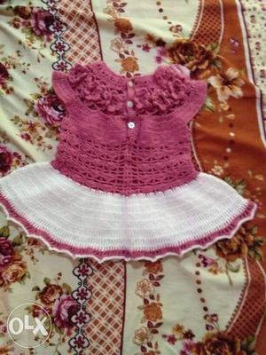 Girl's Pink And White Knitted Dress