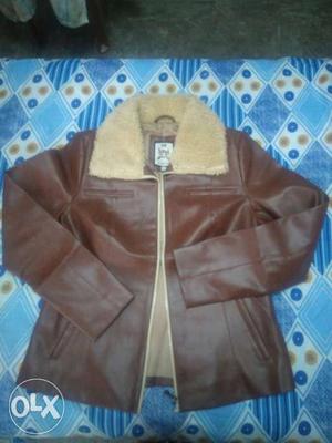 Brown And Grey Leather Zipped fashionable Jacket