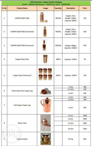 Copper vessels and bottles for sale