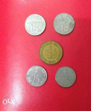 Four Round Silver 25 Indian Paise Coins; Round Gold Coin