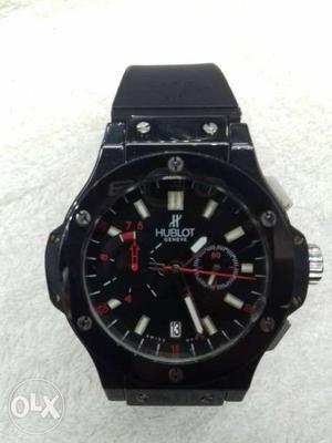 Round Black Hublot Chronograph Watch With Black Strap