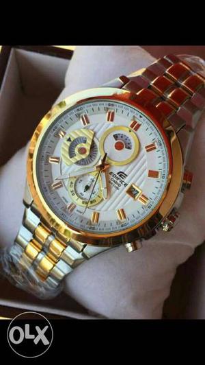 Round Gold Casio Edifice Chronograph Watch With Gold Link