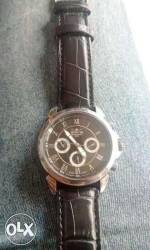 Round Silver Bezel Brown Face Chronograph Watch With Leather