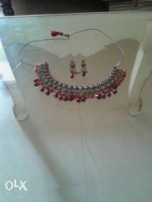 Silver And Red Beaded Pendant Necklace