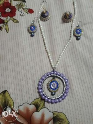 Two Pairs Of Silver And Purple Jhumkas, Blue Beaded Pendant