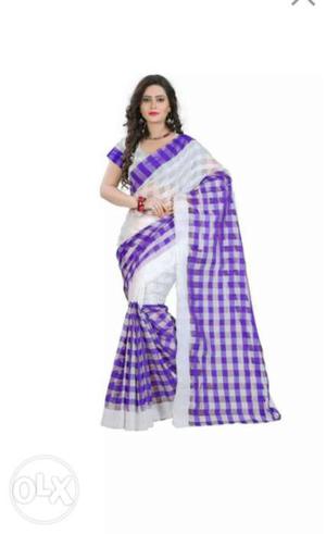 Women's White And Blue Checked Sari
