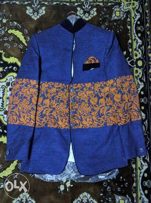 Blue And Orange Colour Velvet Jodhpuri Jacket