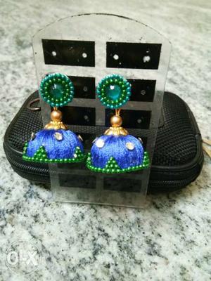 Blue green silk thread earring