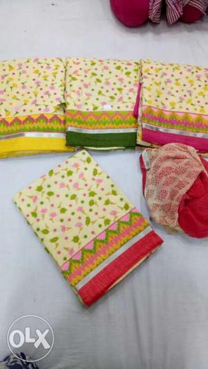 Four Yellow-and-pink Floral Dupattas