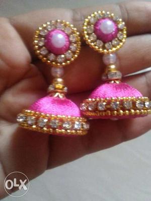 Gemstone Embellished And Pink Jhumka Earrings
