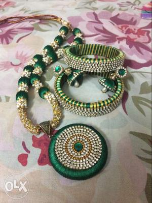 Green Silk Thread Necklace And Bangles