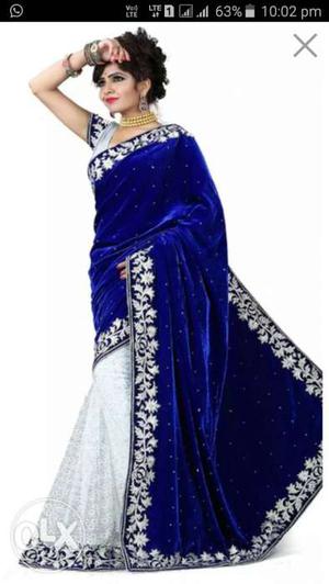 New not use Women's White And Blue Sari