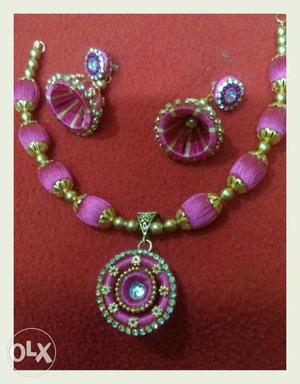 Pink And Gold Silky Threaded Necklace And Jhumkas Earrings