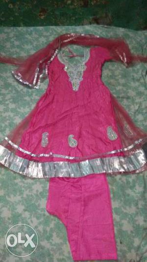 Pink And Gray Satin Floral Traditional Dress