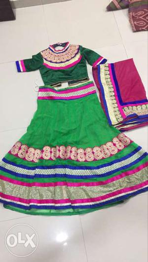 Pink, Green, And Silver-colored Traditional Dress