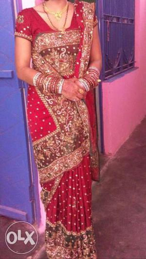 Red And Brown Sari With Dupatta