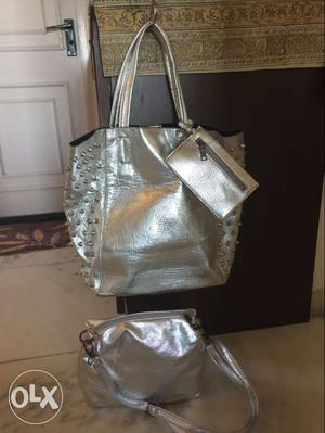 Silver Leather Tote Bag With Pouch