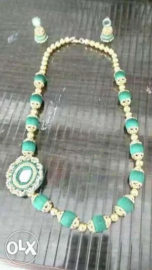 Teal Bead Necklace With Pair Of Earrings