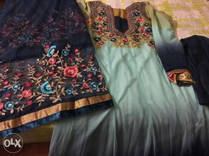 Teal, Black And Brown Long Sleeve Traditional Dress