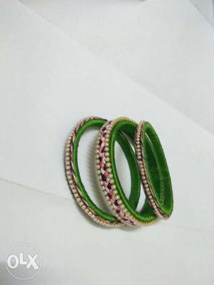 Three Green And Beige Pearl Beaded Bangle Bracelet