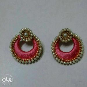 Two Red And Pearl Beaded Silky Threaded Kundan Earrings